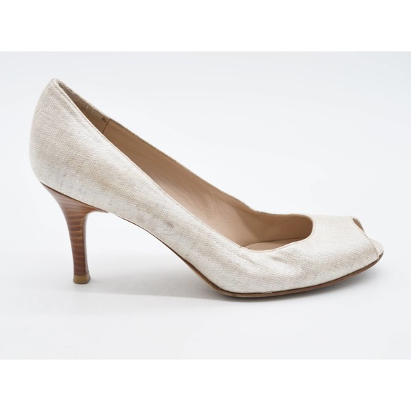 Stuart Weitzman Womens 7 Heels Beige Metallic Peep Toe Stiletto Dress Pumps - Picture 4 of 10